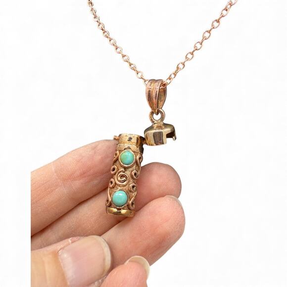 Natural Turquoise Copper Prayer Box Pendant Necklace 20 inch Chain Handmade - Picture 5 of 8